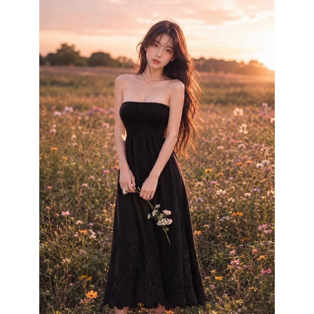 Living in the Moment Smocked strapless minimalist flowy boho maxi dress